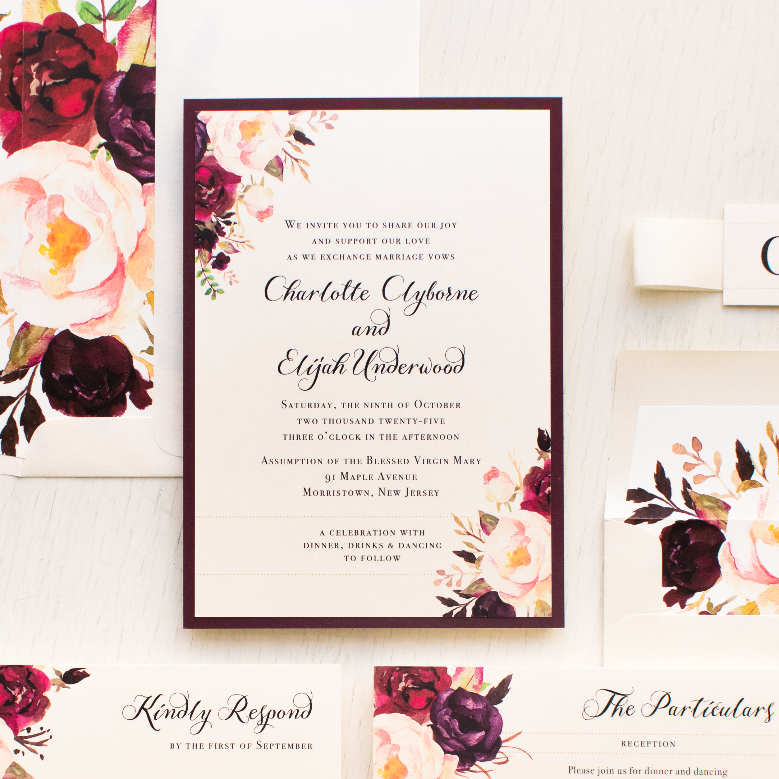 Burgundy Floral Wedding Invitations